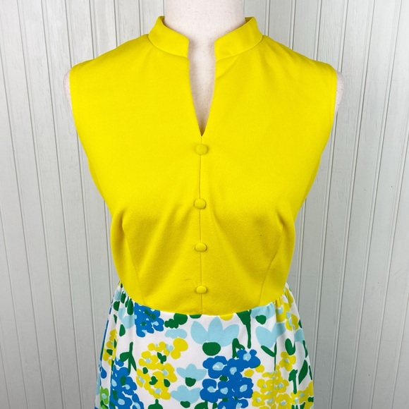 Vintage 60s 70s Puritan Young Forever Yellow Blue Floral Hostess Long Maxi Dress - Picture 3 of 15